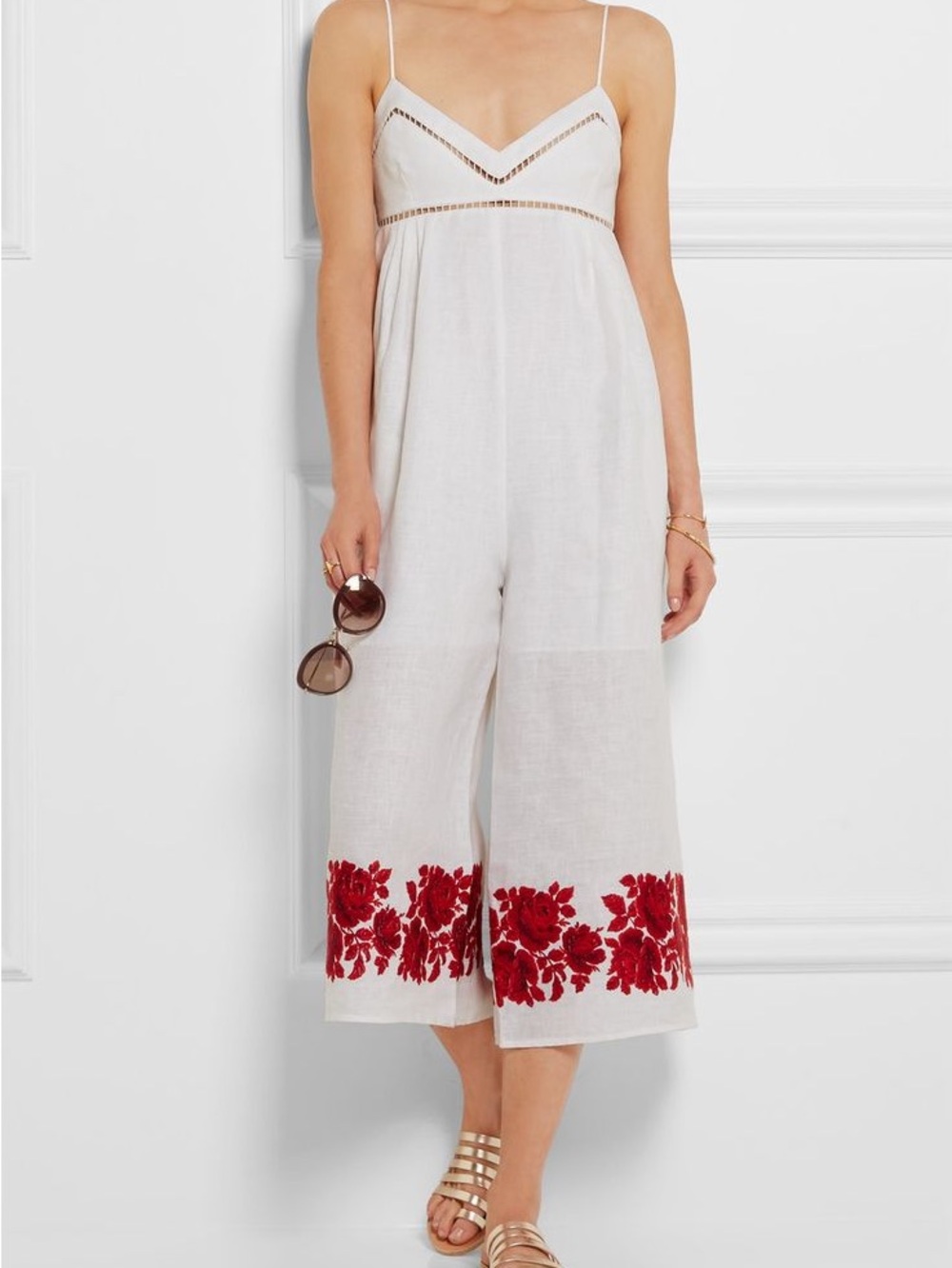 Zimmermann Roza Embroidery White Linen Jumpsuit with Red Floral Hem